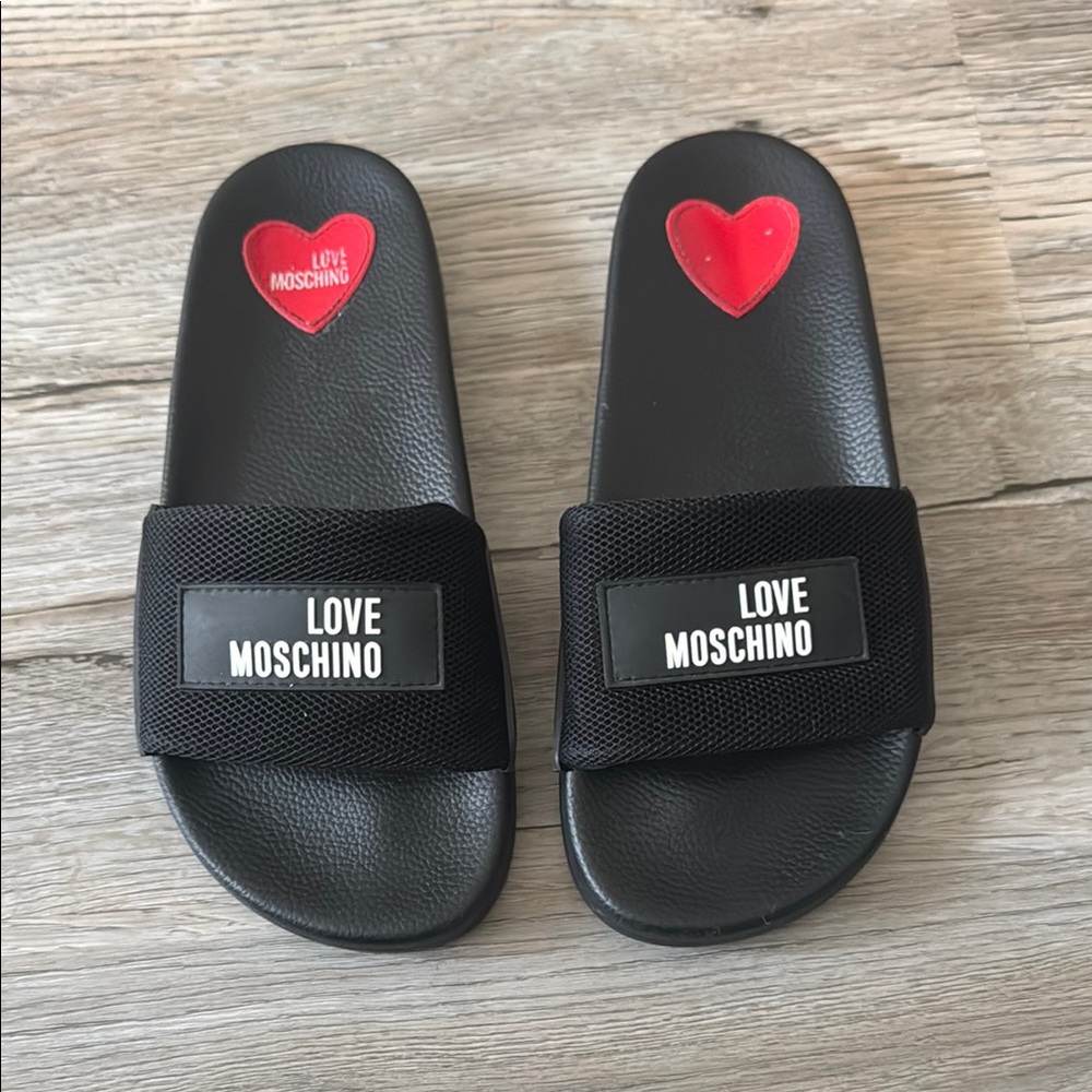 Love Moschino Black Slides with Red Heart